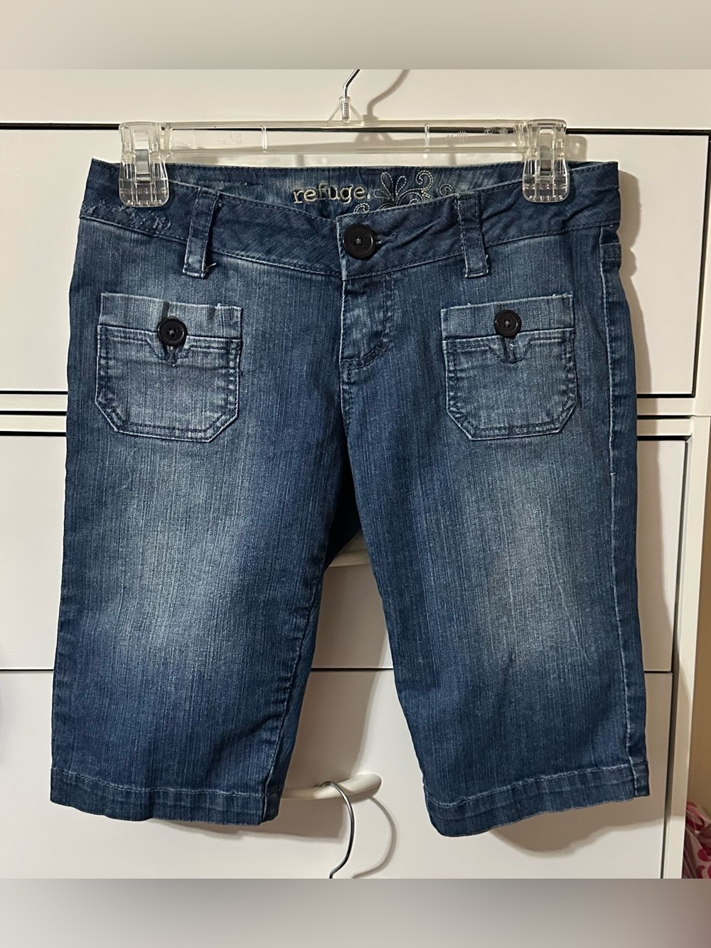 refuge Blue Cropped Denim Bermuda Shorts